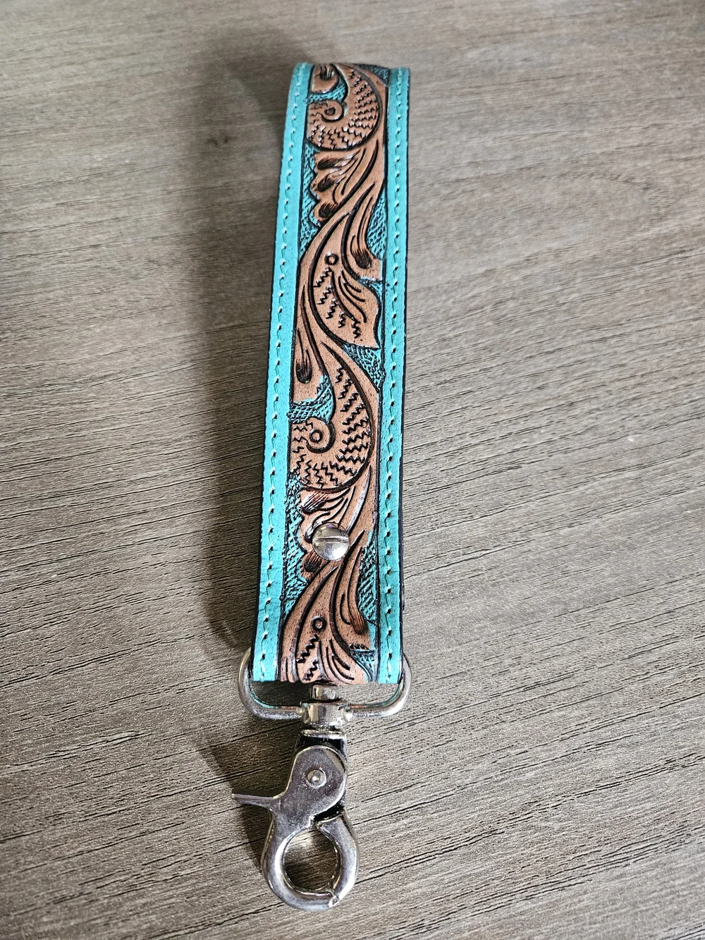 Turquoise Tooled Leather Wristlet Key Fob with Concho -NWOT